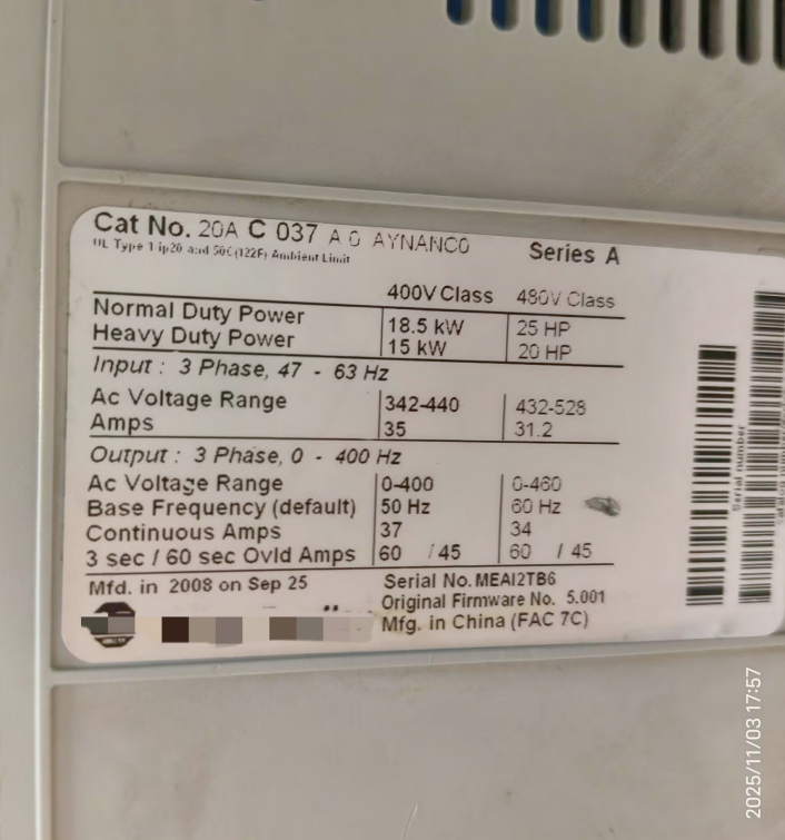 1PC USED 20AC037A0AYNANC0 Allen‑Bradley PowerFlex 70 AC Drive Tested working #lyd001&j1688
