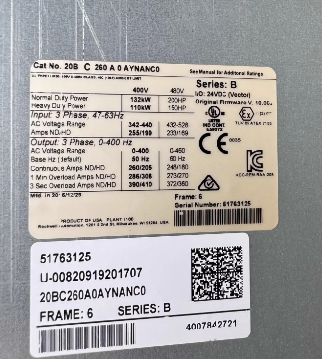 1PC used 100% tested 20BC260A0AYNANC0 Allen‑Bradley PowerFlex 700 AC Drive, Frame 6, 400V Class, No HIM, C‑type Vector Control, No Encoder Feedback, No Comm Module, EMC Filter #QYM001 J1688