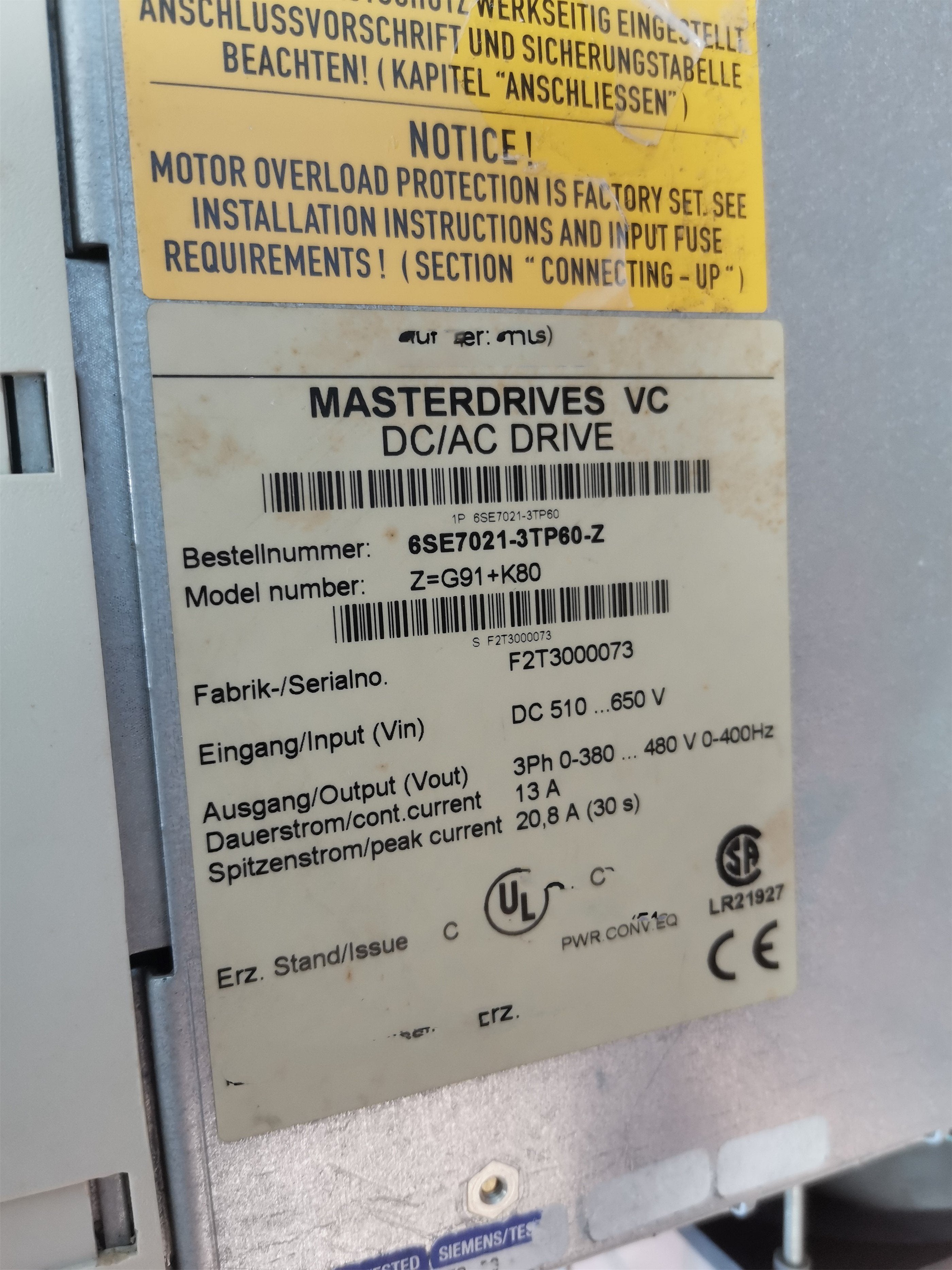 1PC for used 6SE7021-3TP60-Z #OYF033