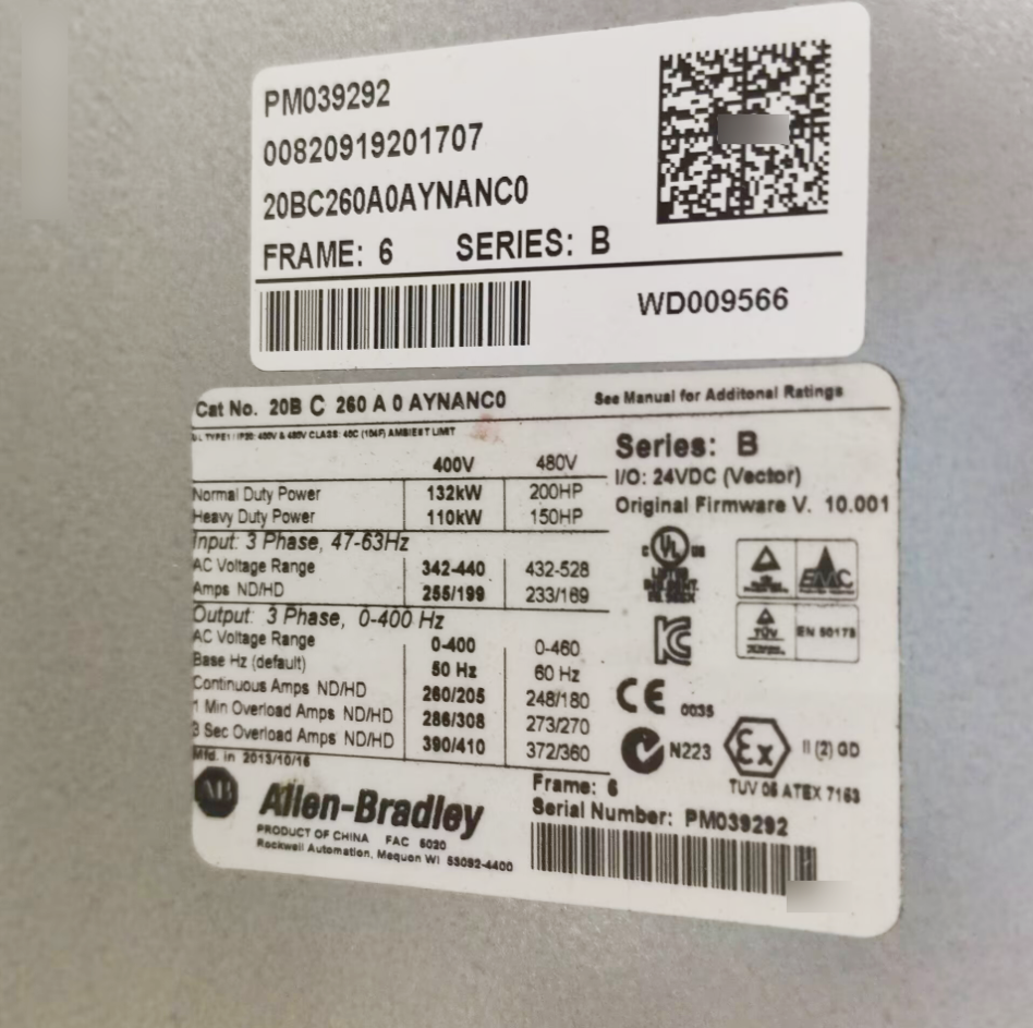 1PC NEW 20BC260A0AYNANC0 (no original package) Allen‑Bradley PowerFlex 700 AC Drive, Frame 6, 400V Class, No HIM, C‑type Vector Control, No Encoder Feedback, No Comm Module, EMC Filter  #QYM001 J1688