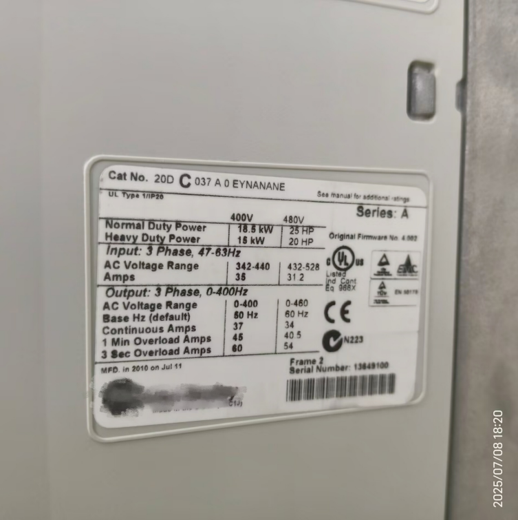 1PC USED  20DC037A0EYNANANE  Allen‑Bradley PowerFlex 700S AC Drive  Tested working #lyd001&j1688