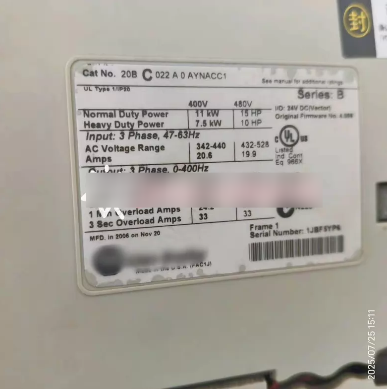 1PC USED 20BC022A0AYNACC1  Allen‑Bradley PowerFlex 700 AC Drive  Tested working #lyd001&j1688