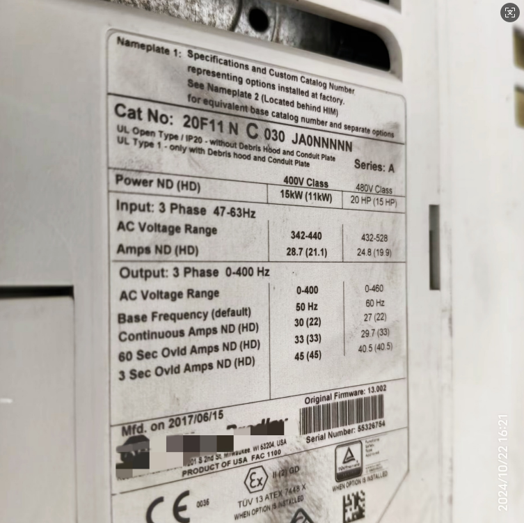 1PC USED 20F11NC030JA0NNNNN  Allen‑Bradley PowerFlex 753 AC Drive  Tested working #lyd001&j1688