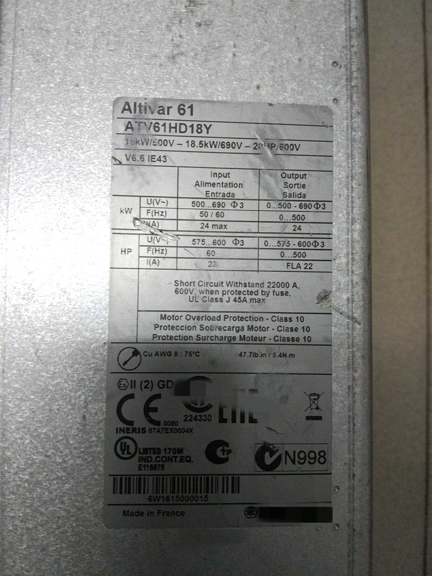 1PCS  USED ATV61HD18Y  #OYF009